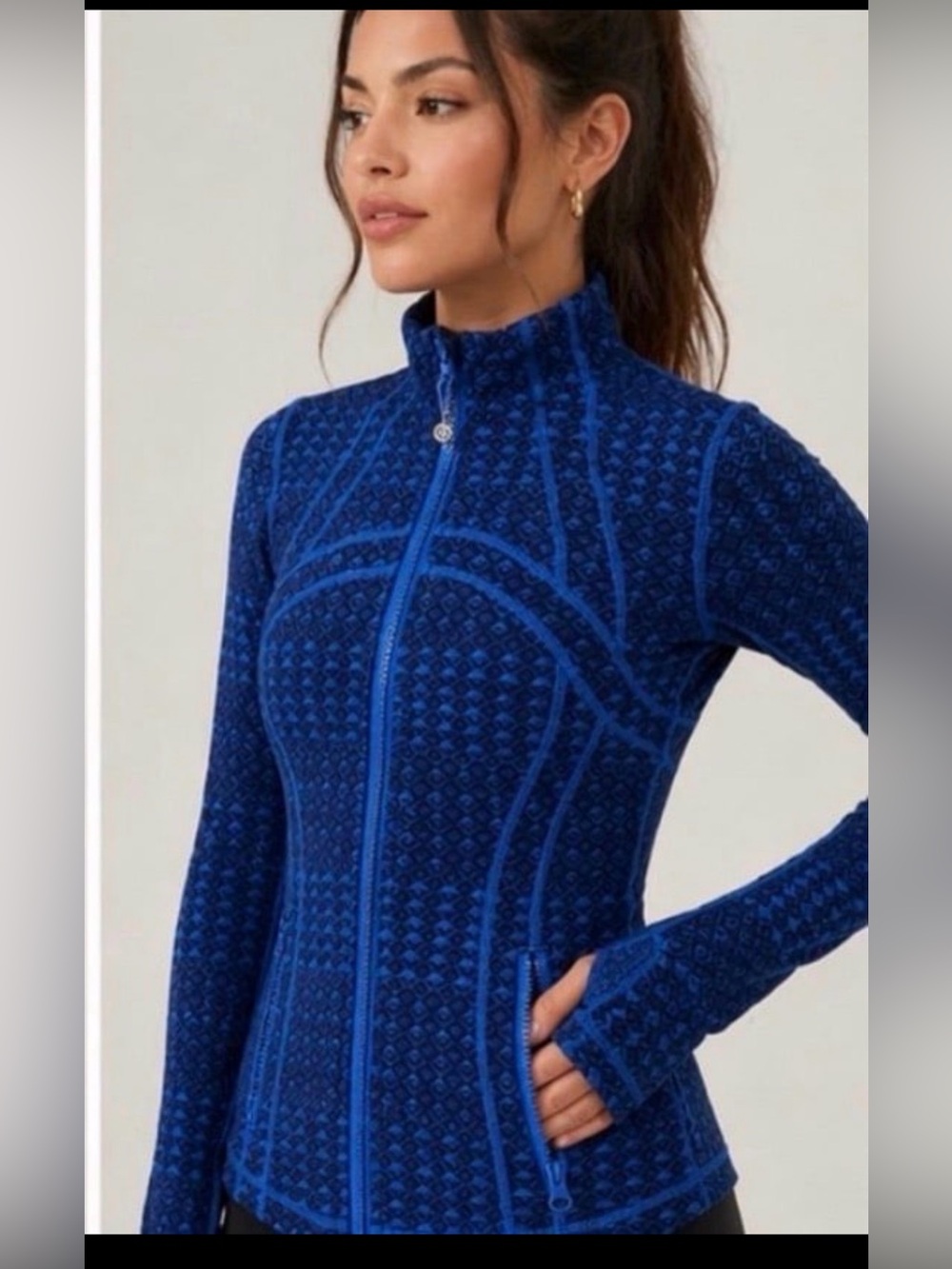 Lululemon Define Jacket Blue Geometric Pattern Full Zip Size 4 Thumbholes
